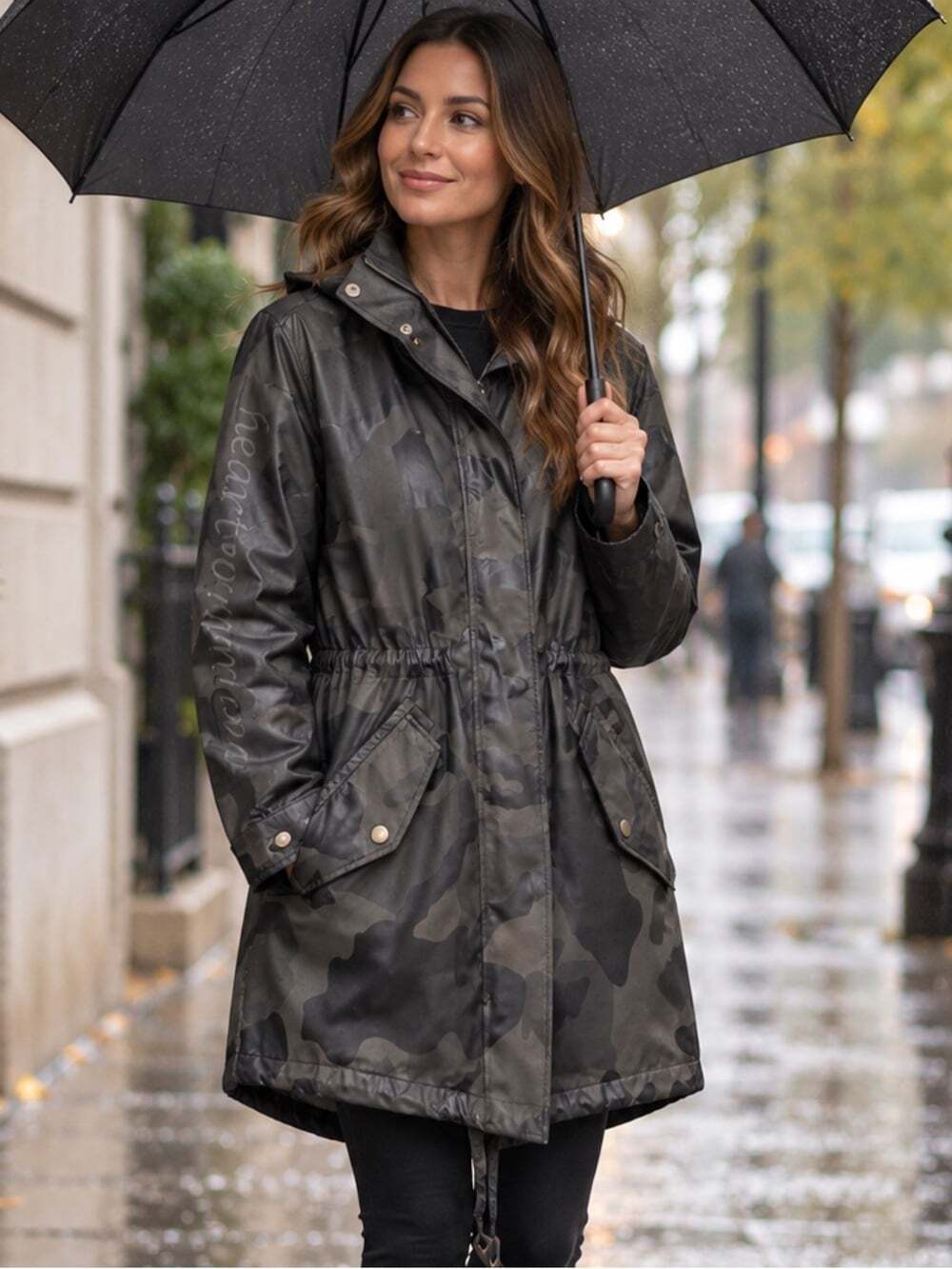 BCBG Black Camo Hooded Waterproof Rain Jacket Utility Coat